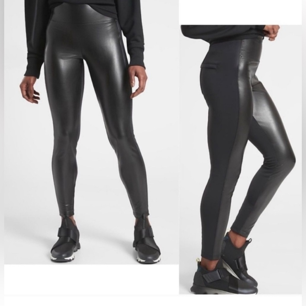 Athleta Faux Leather Delancey‎ Shine Tight Black Leggings Size Large